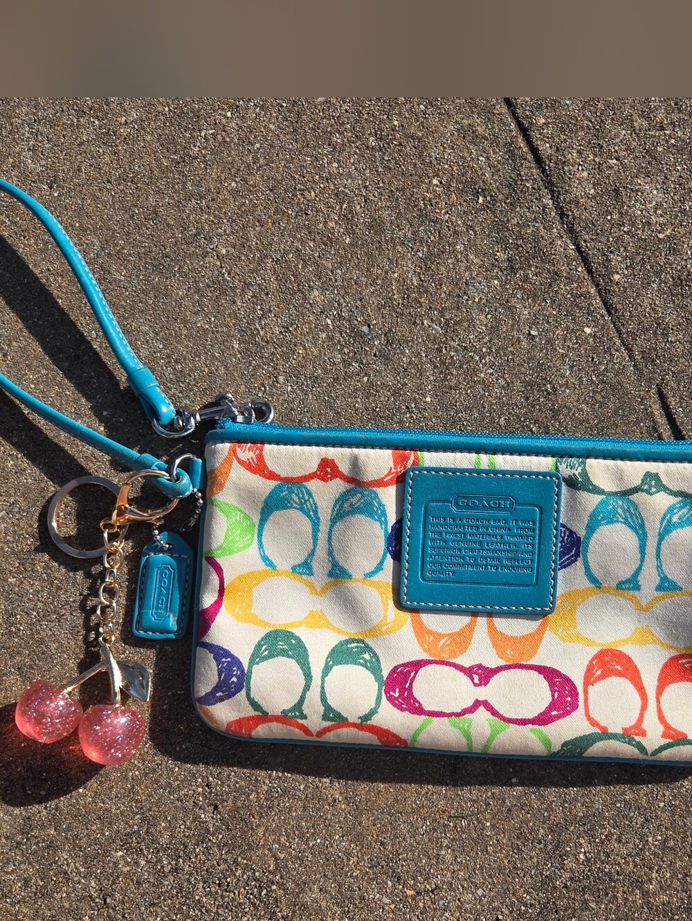 Vintage Y2K Coach Hampton Scribble Wristlet Teal  Multicolor & Cherry Charm 🍒